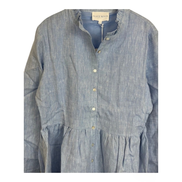New Alice Walk Band Collar Long Sleeve Linen Tiered Chambray Cottagecore Dress L - Picture 5 of 6